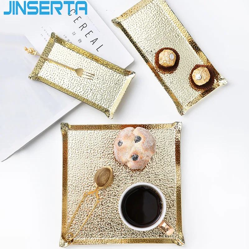 JINSERTA Metal Serving Tray Jewelry Display Plate Cosmetic Organizer Luxury Dessert Fruit Cake Snack Plate Desktop Decor Tray