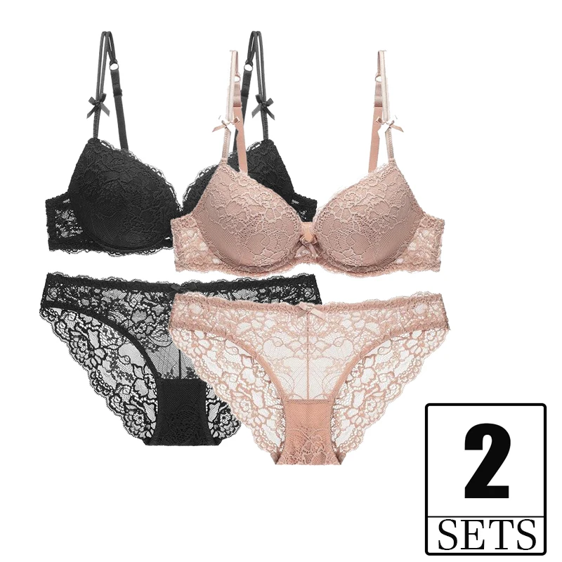 

2 Piece Sexy Bra And Panty Set Women's Push Up Lace Underwear Lingerie Embroidery Plus Size Gather Underwire Brassiere For Women