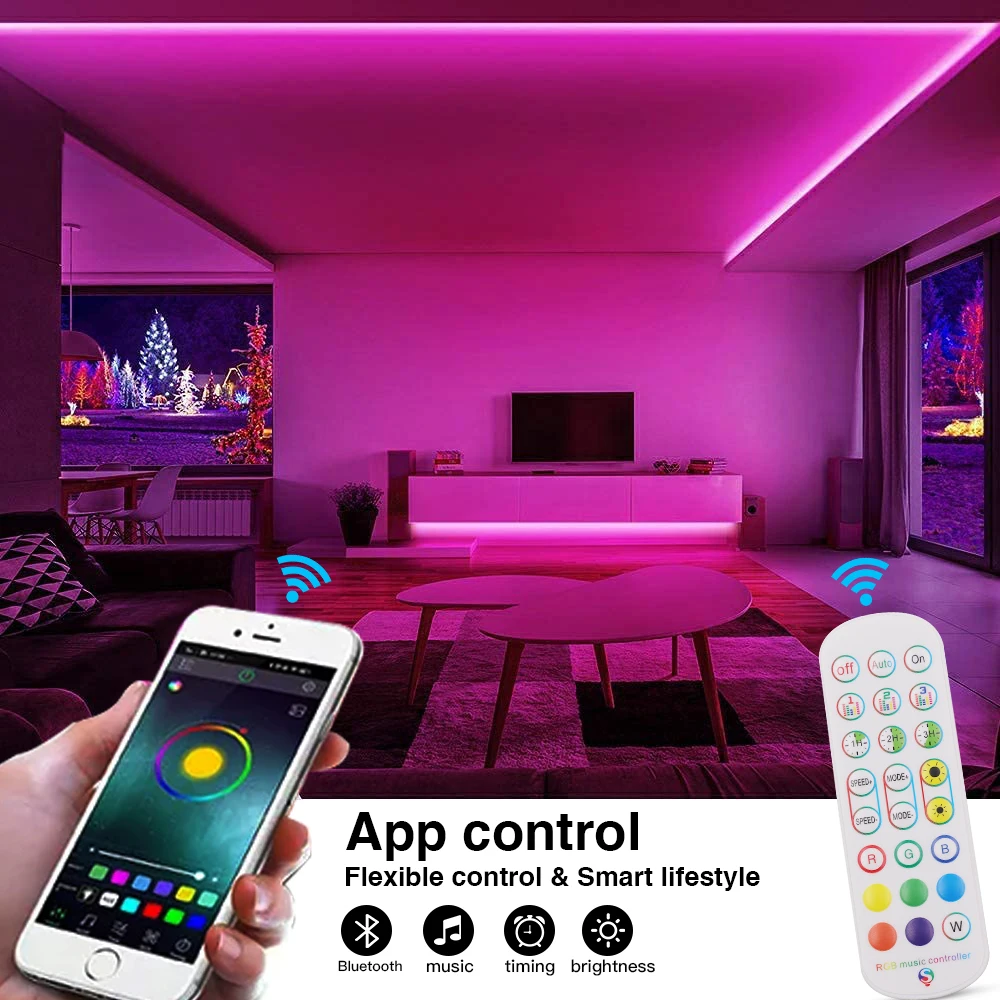 5-30M DC 12V RGB LED Strip Lights with Bluetooth Music Controller +24 Key Remote+Power Supply 5050 Flexible Diode Tape Lamp