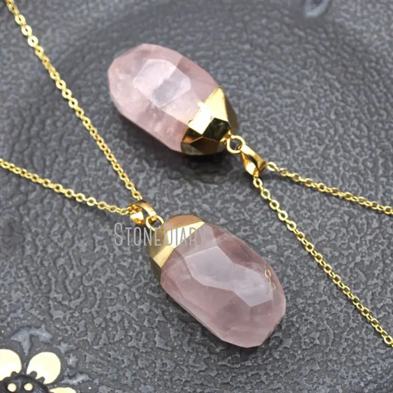 

NM12258 Pure Gold Color Faceted Water Drop Necklace Rose Quartzs Necklace 18inch-32inch