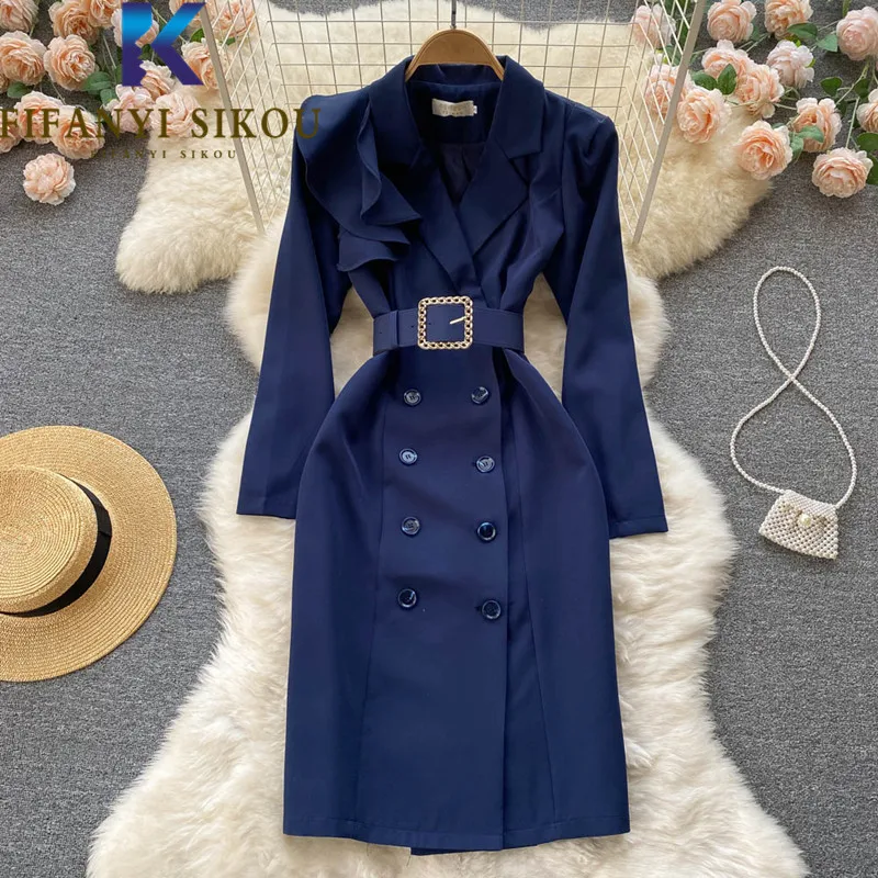 

2022 Spring Women Suit Dress Jacket Double Breasted Belt Fashion High Waist Midi Long Dress Ladies Elegant Slim Party Dress