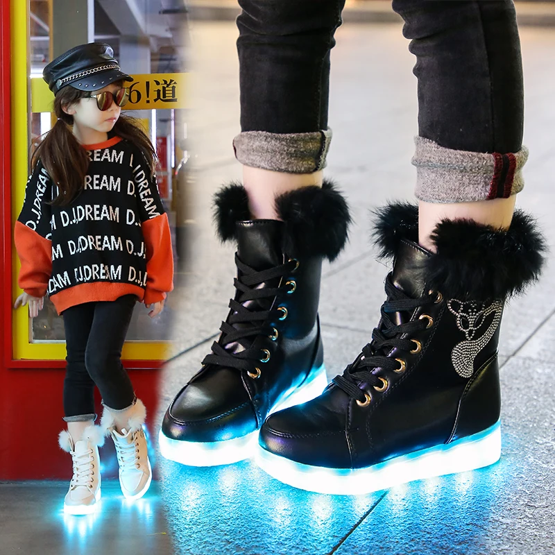 UncleJerry Glowing Boots for Boys Girls and Women USB Recharged Light Up Shoes Warm Plush High-top Children Winter Boots