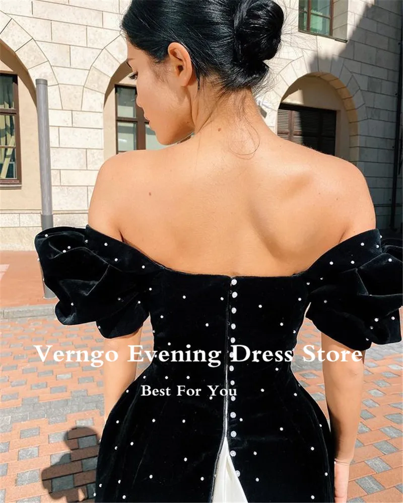 Verngo Black Velour Evening Party Dress Short Sleeves Beads Off Shoulder Mini Prom Gowns Cocktail Dress Women Formal Club Dress