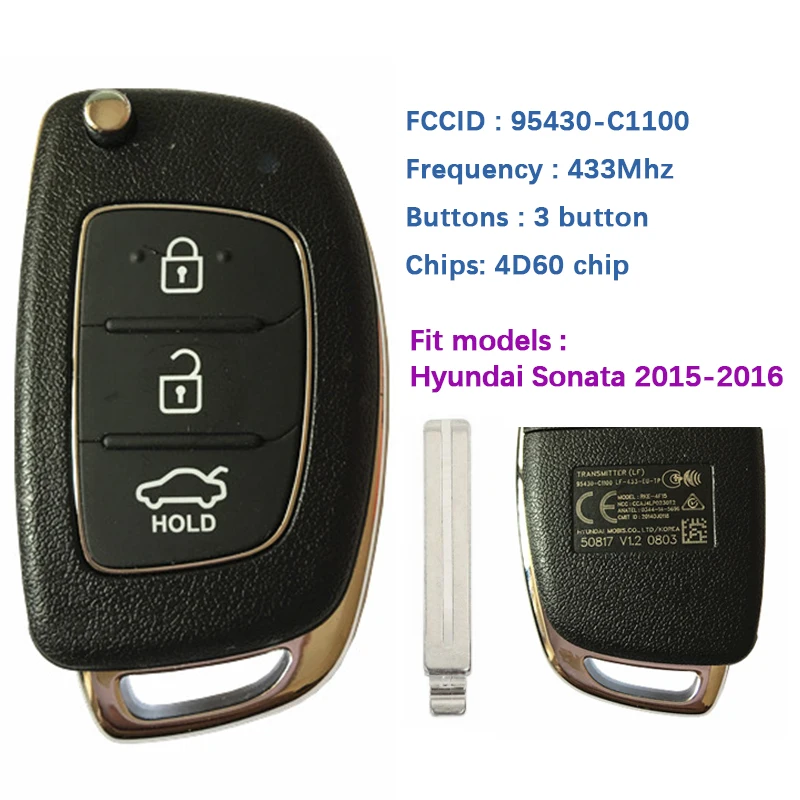 CN020093 oryginalny 3 przycisk do 2015 Hyundai Sonata samochód klucz składany zdalnego częstotliwości 433MHz 4D60 Chip 95430-C1100 LE-433-EU-TP