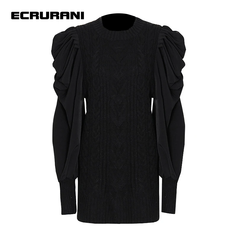 

ECRURANI Patchwork Casual Dress For Women O Neck Puff Long Sleeve High Waist Slimming Elegant Dresses Female Clothing 2021 Style