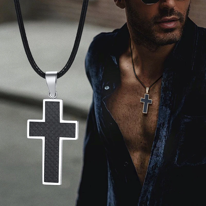 Cross Necklace Men, Black Carbon Fiber Latin Cross Pendant, Stainless Steel Edges Pendant Gentleman Jewelry