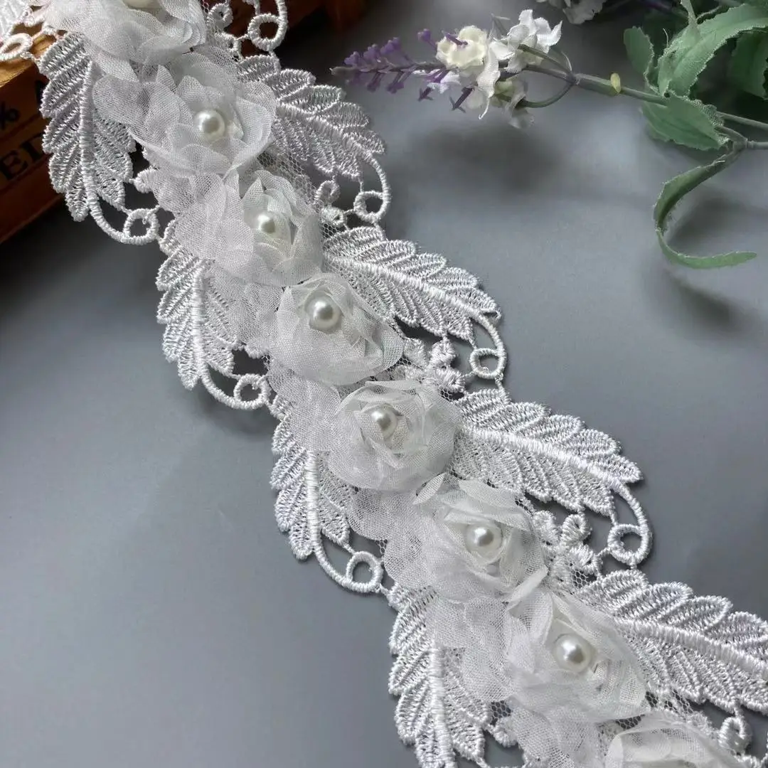 1 Yard Lace Trim White Pearl Rose Flower Soluble 75mm Embroidered Ribbon Fabric Handmade DIY Wedding Dress Sewing Supplies Craft