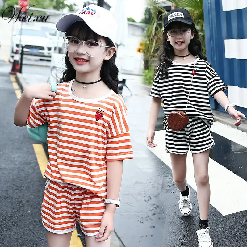 

Baby Girl Summer Clothes Children's Stripe Short Sleeve Tops Shirt Shorts Suits Kids Outfit Tracksuits Clothes 10 11 12 14 Years