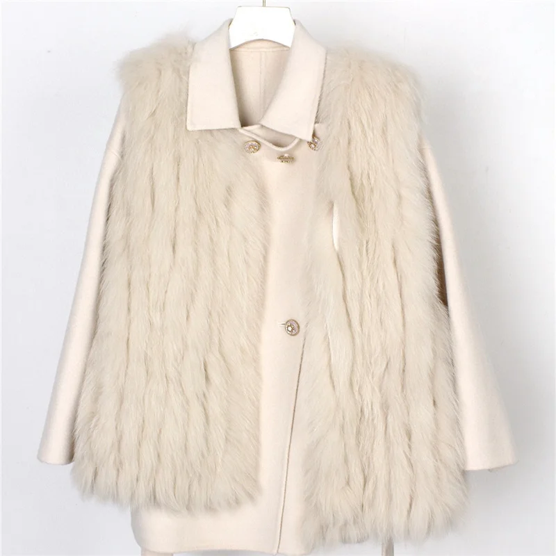 

Luxury Double-sided Woolen Wool Blends Outerwear Real Fox Knit Vest Fur Elegant Women's Temperament 2 Piece Coat