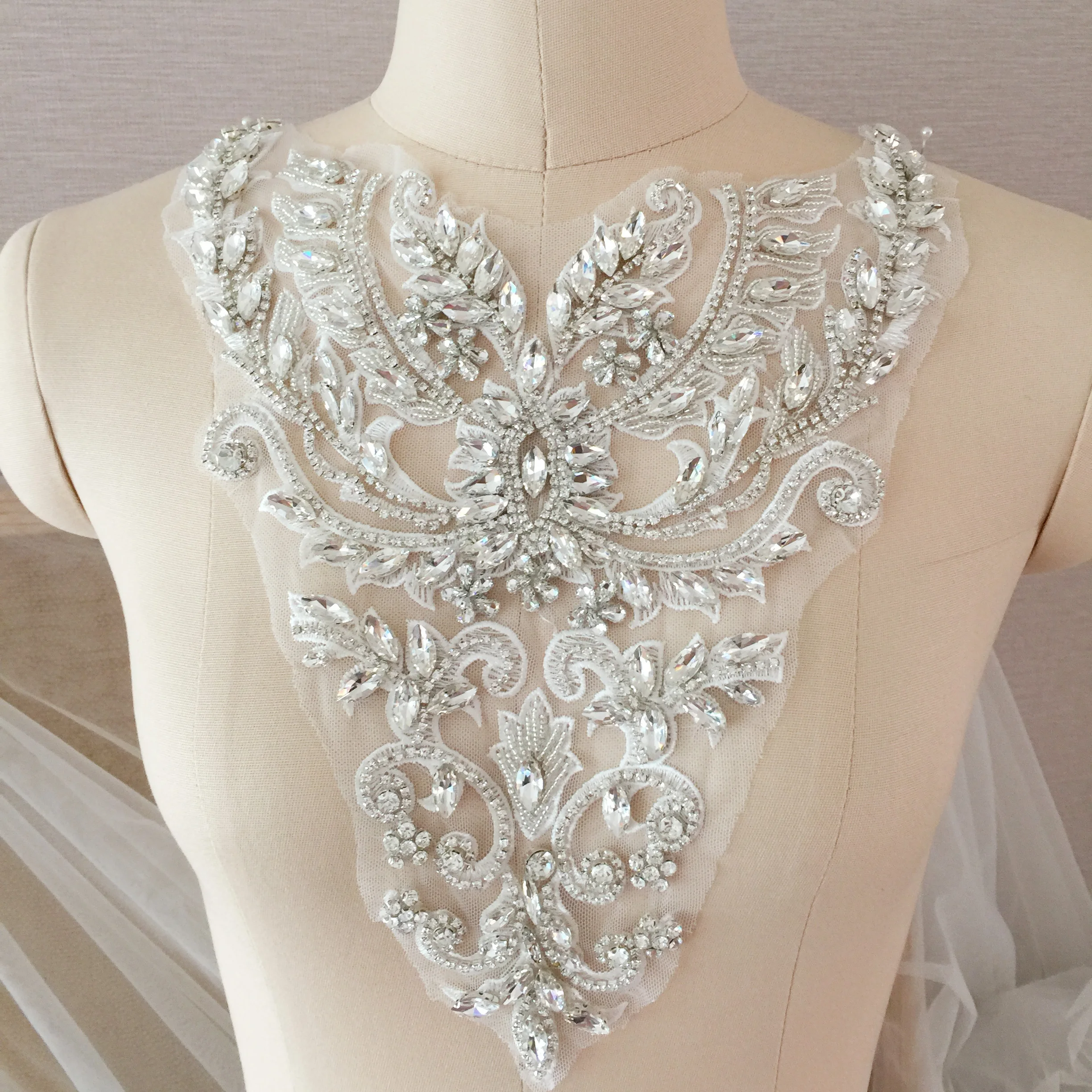 1 pc Deluxe Rhinestone Bead Bridal Bodice Applique in Silver,Clear Crystal Motif for Wedding Gown Bridal Dress Haute Couture