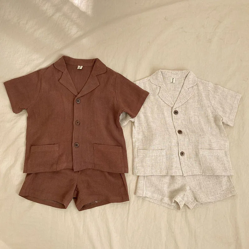 MILANCEL Summer Girls Clothes V-neck Single Breasted Shirt and Linen Shorts 2 Pcs Boys Suit