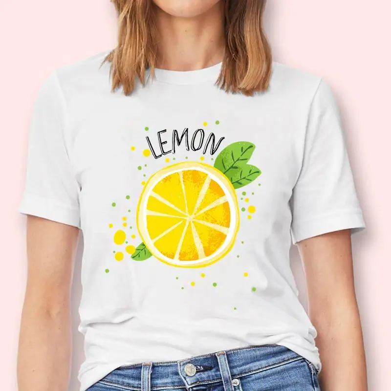 Camiseta de manga corta con estampado de fruta de limón para mujer, ropa con estampado de dibujos animados, bonita, nueva moda