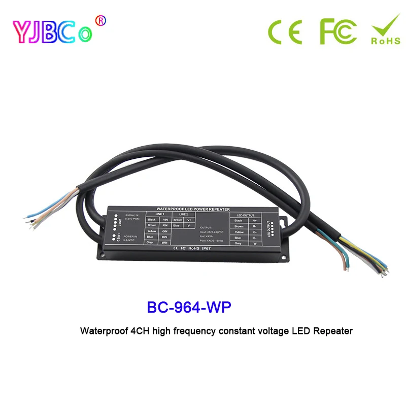 

Bincolor 4CH Waterproof LED Power Repeater DC 5V 12V 24V high frequency PWM signal RGBW LED Controller expansion BC-964-WP