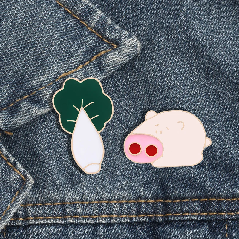 Cartoon Pins Cute Pig and Cabbage Enamel Brooches Animal Vegetable Clothes Lapel Pin Denim Bag Kawaii Brooch Jewelry Kids Gift