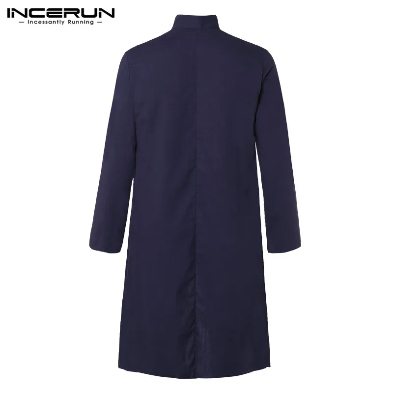 INCERUN Vintage Stand Collar Shirts Mens Long Sleeve Buttons Islamic Blouse Casual Solid Color Long Style Muslim Clothing S-5XL