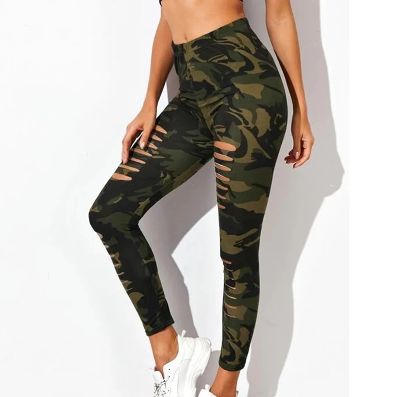 Camouflage Leggings Women Ripped Elastic Tight Fashion High Waist Trousers Workout Fitness Running Gym Pants Push Up Leggins