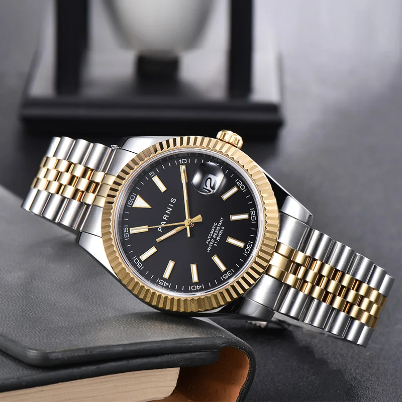 PARNIS Brand 40mm Automatic Men Watch Sapphire Glass Gold/Rose Gold Plated Watch Band MINGZHU Movement