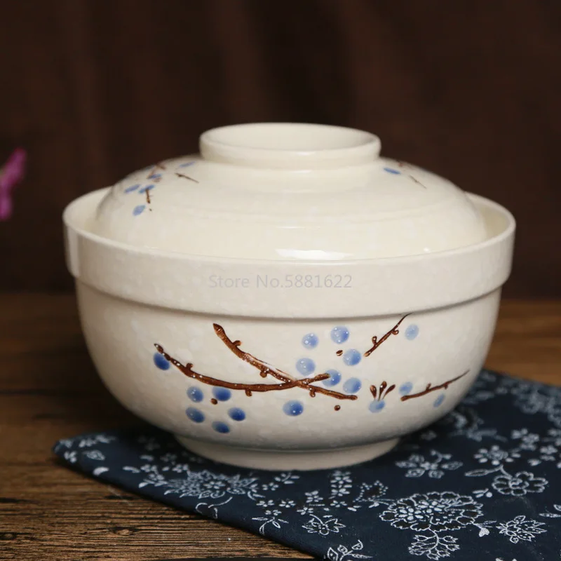 6.5 Inch Japanese Creative Hand-painted Ceramic Tableware Cover Bowl Household Instant Noodle Bowl Insulated Soup Bowl with Lid