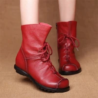 JIANBUDAN/ Genuine Leather Plush women's short Boots Retro Casual Autumn Winter Women's Boots Waterproof leather warm Snow boots - Image 3