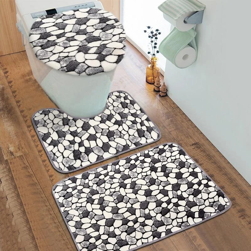 3Pcs/Set Stone Pattern Washable Anti-Slip Bathroom Pedestal Rug Carpet Toilet Lid Cover Bath Mat Set Bathroom Supplies