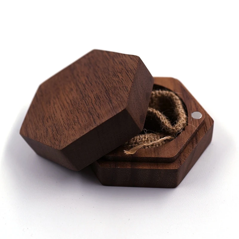 Black Walnut Hexagon Personalized Rustic Wedding Wood Ring Box Holder Wedding Ring Bearer Jewelry Box for  Wedding Engagement