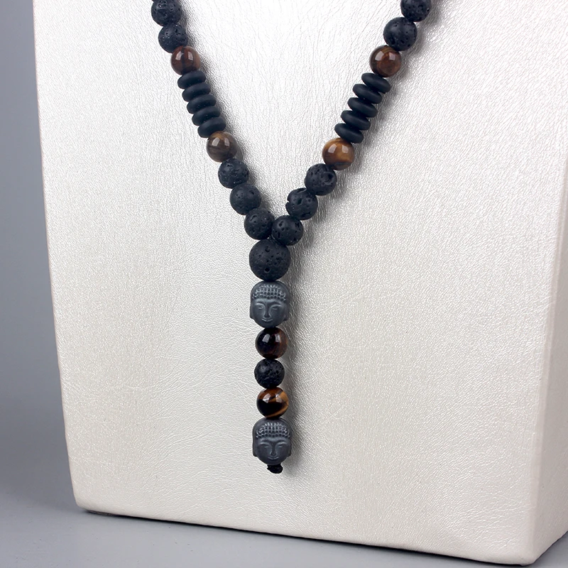 New Vintage Natural Tiger-eye Stone Black Lava Beads Buddha Head Pendant Necklace for Men Hnadmade Jewelry N012