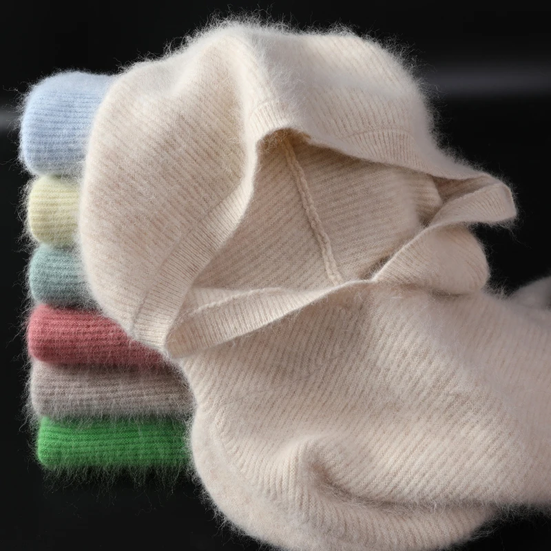 2025 Wiosna Zima 100% Pure Mink Cashmere Sweter Damski Dzianinowy Kaptur Ciepłe Swetry i Pulowery Damskie Miękkie Ciepłe Topy