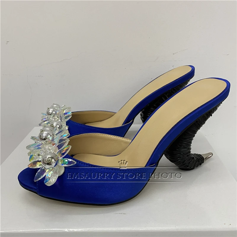 Beaded Rhinestone Flower Sandals Women Sexy Horn-Shaped Strange Heel Luxury Satin Slingbacks Mules Summer