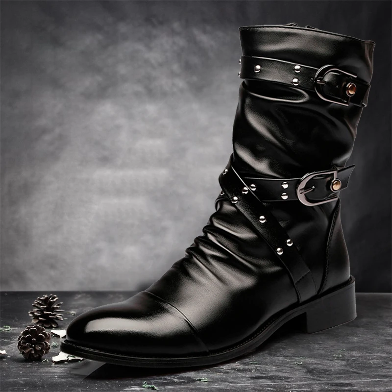 Idopy New Autumn Gothic Men Pointed Toe Stage Performance Faux Leather Boots Male Punk Leather High Heels Shoes Buckle Booties