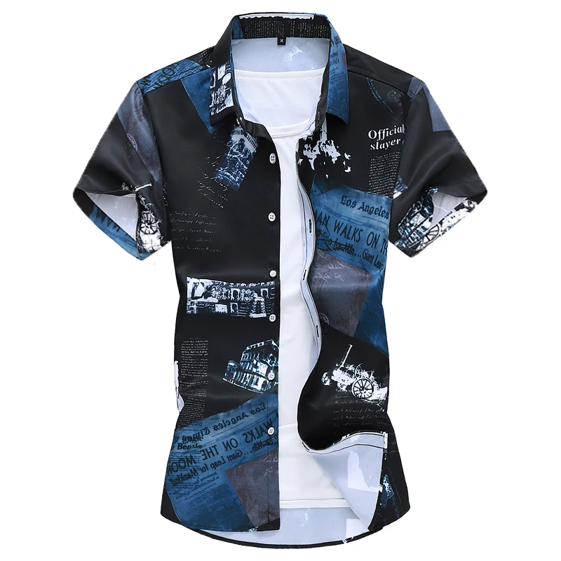 Summer New White Blue Short Sleeve Printed Shirt, Men\'s Fashion Casual Shirts, Asian Size Fashion Casual Tops Camisa S-5XL 6XL