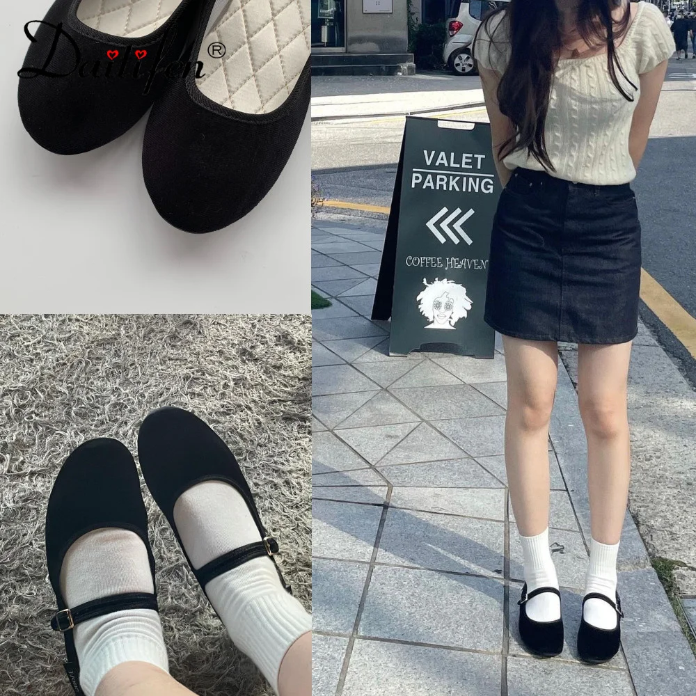 

Brangdy 2022 Spring and Autumn Velvet Mary Jane Shoes Round Toe Single Shoes Women Black Beige Velvet 벨벳 메리 제인 신발 Metal Buckle