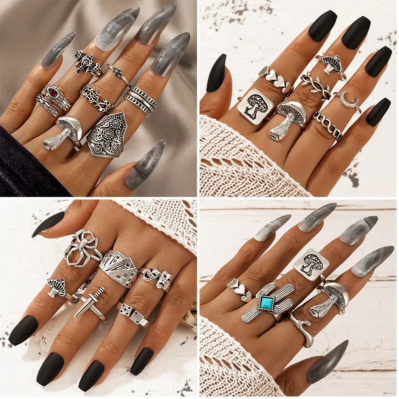 docona Vintage Mushroom Cactus Rings for Women Luxury Crystal Snake Elephant Spider Alloy Ring Set Statement Jewelry кольца