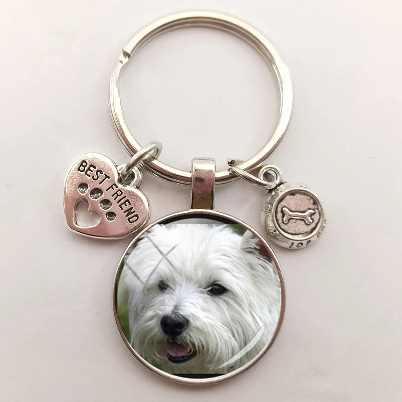 Fluffy Dog glass cabochon keychain Smart patient and kid-friendly French bulldog key chain men women jewelry gift