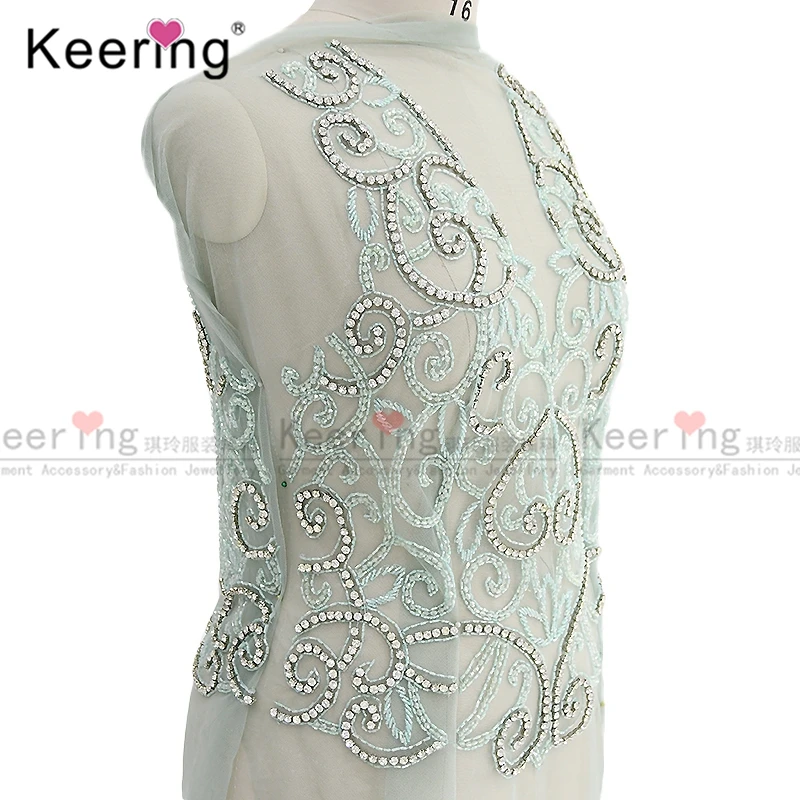 

Hand-made Silver Rhinestone Bodice Applique, Jewelry Dress Patch for Wedding Dress, WDP-218