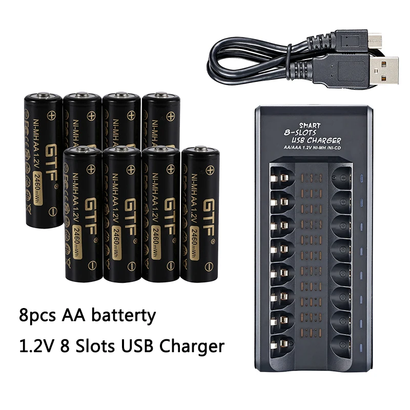 GTF 1.2V NI-MH AA battery 2460mWh 2050mAh 100% capacity rechargeable battery 1.2V ni-mh aa aaa 2A USB charger