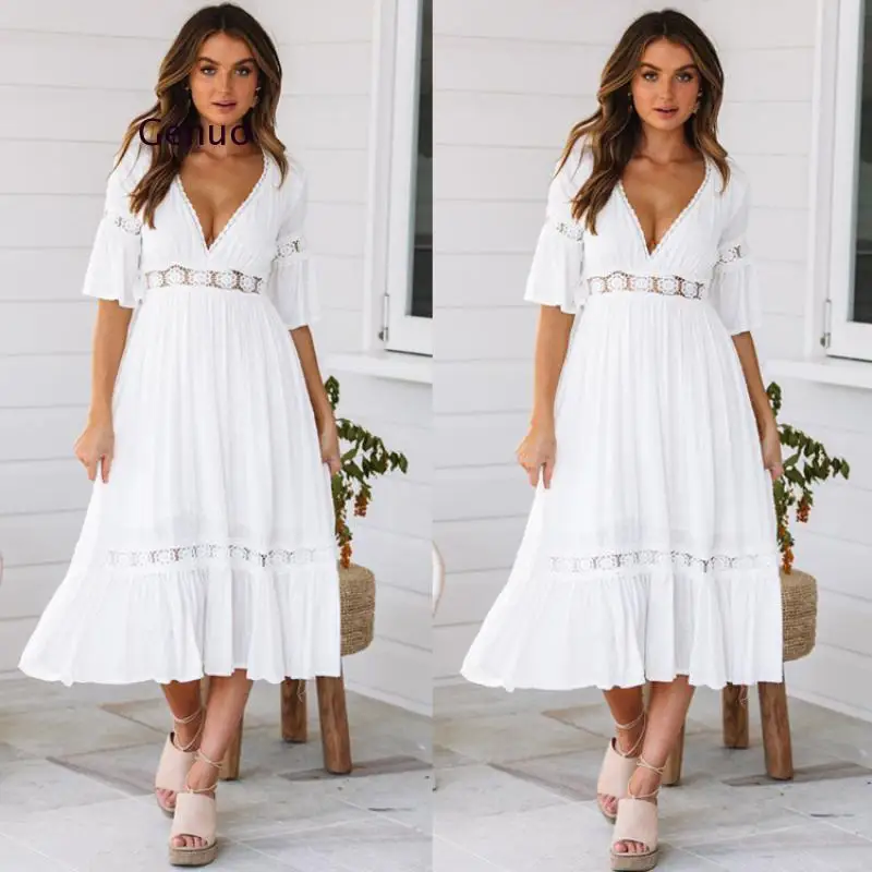 2021 Summer Women White Maxi Dress Sundress Sexy Lace Crochet Long Tunic Beach Dress