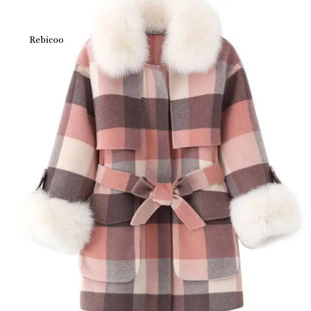 

Fur Collar Coat Fake Raccoon Fur New Korean Version Of Autumn Woolen Coat Plaid Coat Slim Woolen Coat