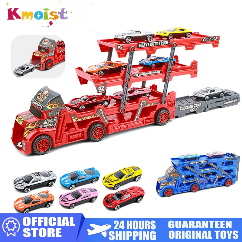 

Newest Large Truck Trailer 3-Layer Folding Ejection Railcar Boys Catapult Rail Truck With 6 Cars Toys Set for Children Xmas Gift