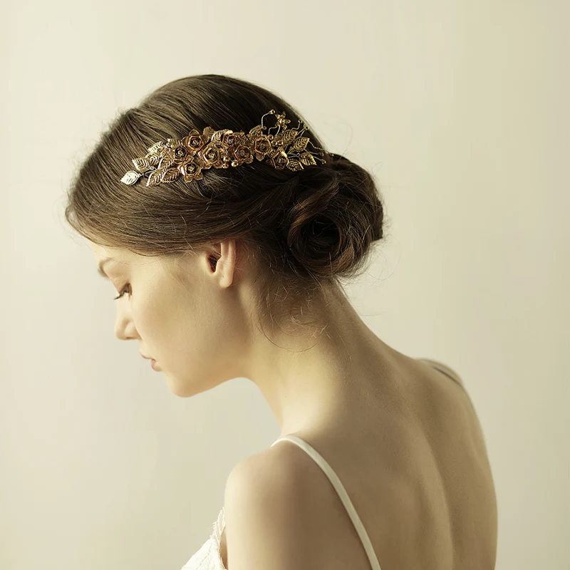 O840 Brass leaves and flowers handmade pearl crystal bridal hair comb rhinestone wedding bridal hairpiece