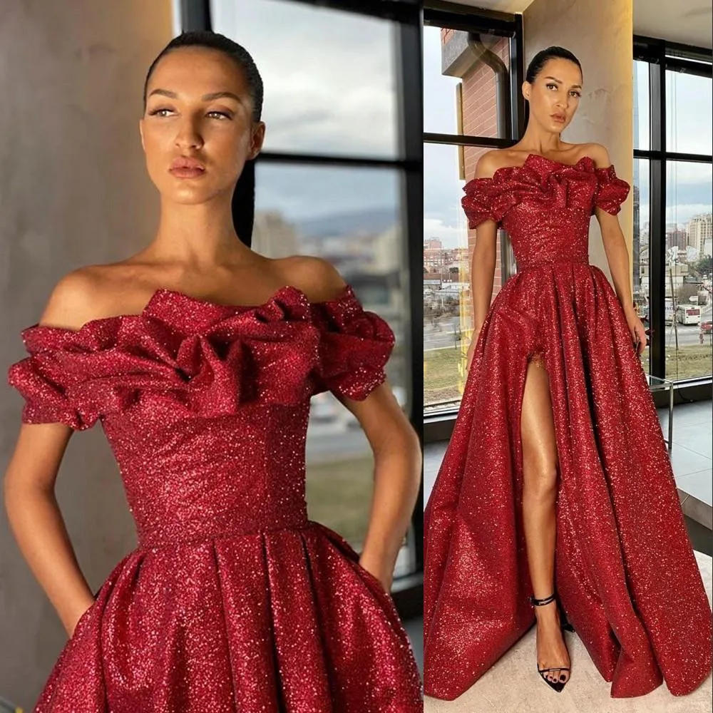 

2022 Arabic Evening Dresses Wear Dark Red Sequined Lace Split Party Gowns Prom Off the Shoulder Carpet Celebrity