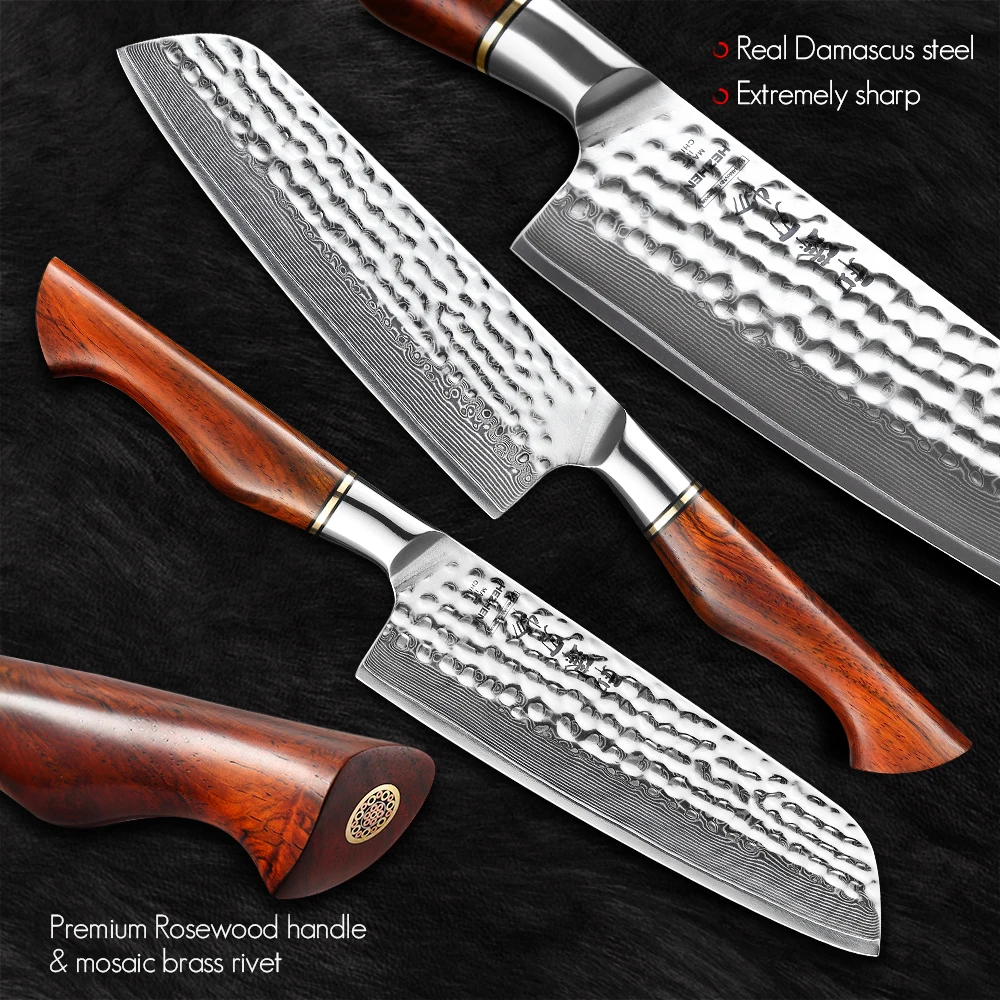 HEZHEN 7 Inches Santoku Knife 73 Layers Powder Steel Damascus Steel 14Cr14MoVNb Natural Rosewood Handle Kitchen Cook Accessories