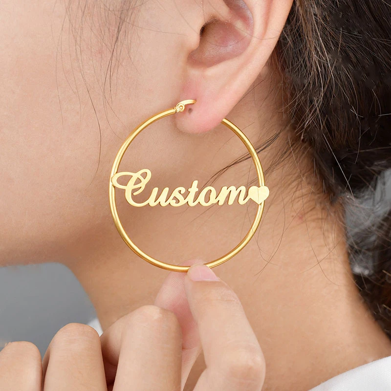 

18K Stainless Steel Jewelry Custom Bamboo Hoop Geometry Name Earrings Personalized Initials Letter Nameplate Earring for Gift