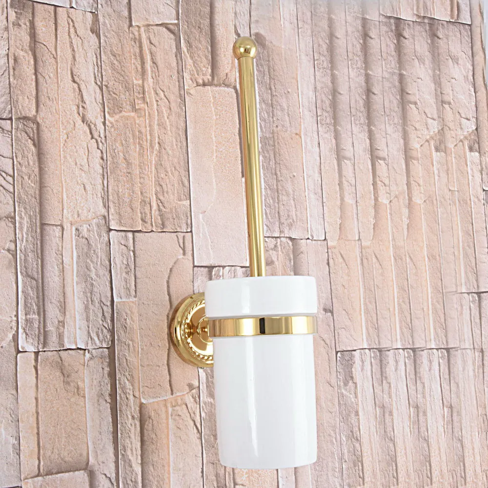 Ceramic Cup Bathroom Wall Mount Gold Color Brass Toilet Brush Holder Set 2ba595