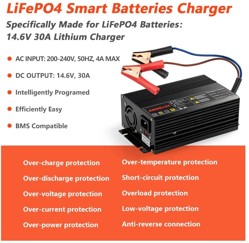 Ardroit-cargador inteligente para baterías LiFePO4, dispositivo de carga de baterías recargables de ciclo profundo de litio y hierro, de alta potencia, 14,6 V, 30A