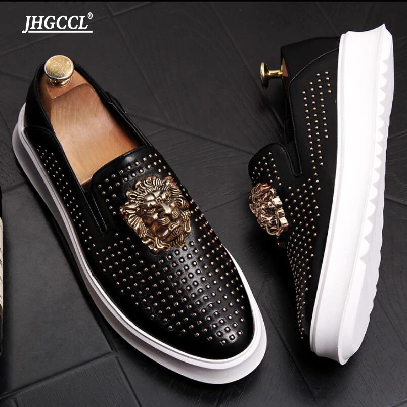 Men's brand rivet high-end casual flat shoes real leather men's loafers rock hip-hop mixed color shoes Zapatos Hombre A26