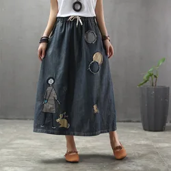 Plus Size Cartoon Borduurwerk Denim Rokken Vrouwen Vintage Art Ripped Oversized Vrouwelijke Elastische Hoge Taille Lange Maxi Jeans Rok