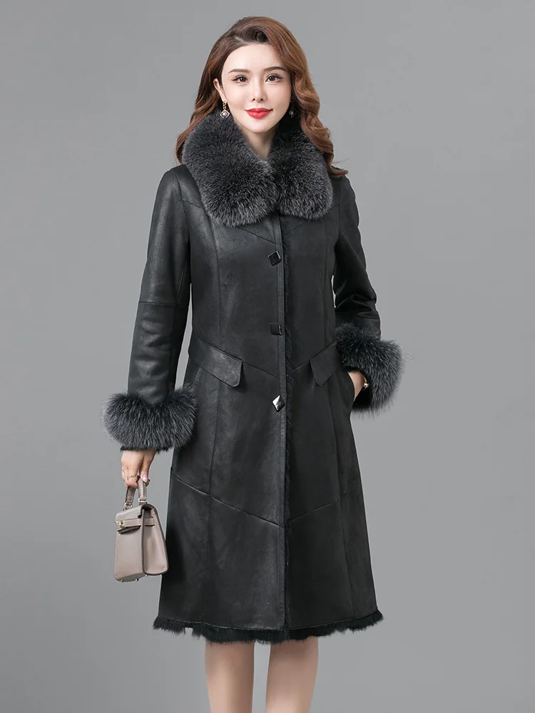 2021 New Rabbit Skin Fur Coat Double Face Women's Mid length Real Fur Overcoats Fox Fur Collar Cuffs Fashion Warm Thick