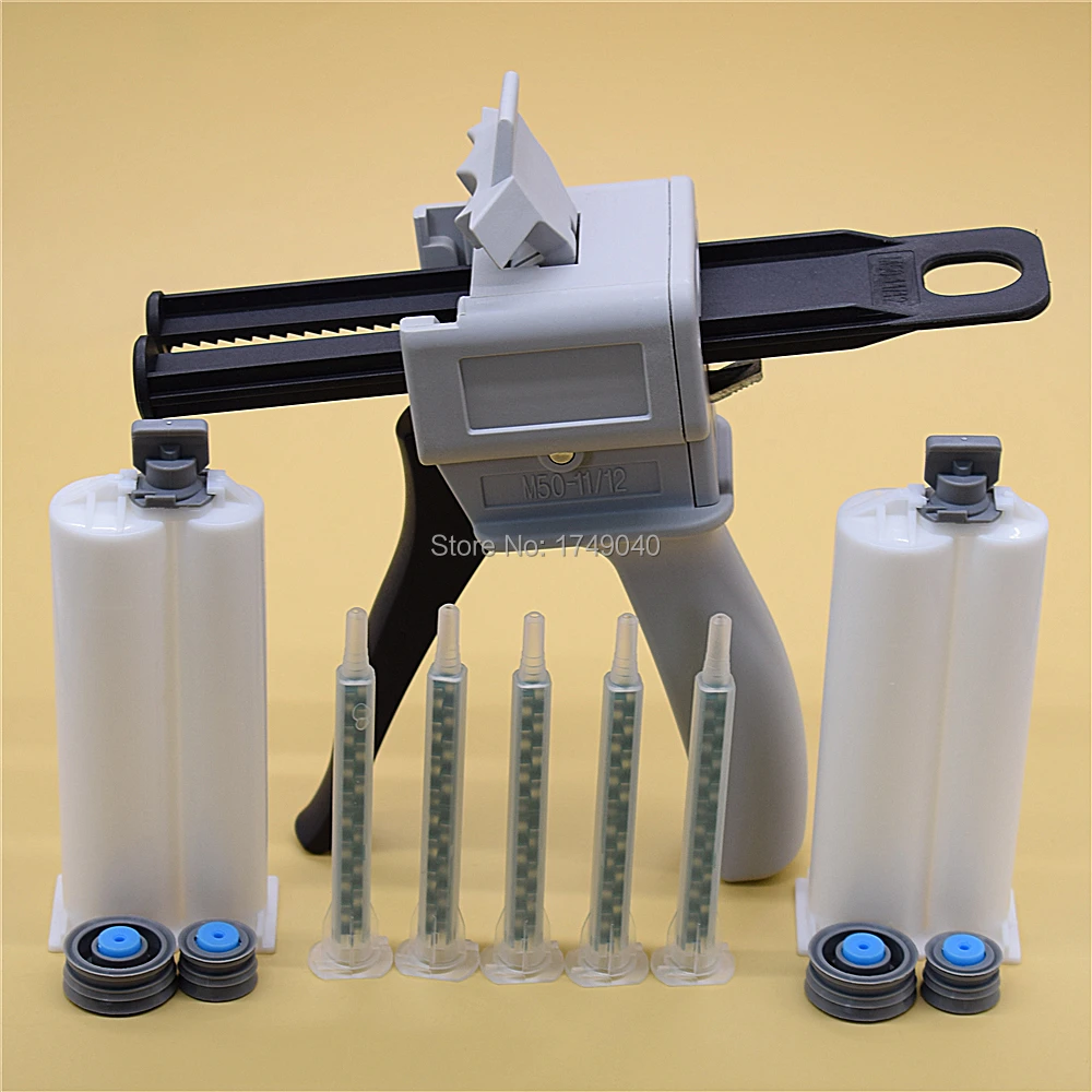 50ml 1:2 AB pistola per colla epossidica pistola per calafataggio manuale e 2 pezzi 50ml 1:2 cartucce vuote a doppia canna con Set di ugelli di miscelazione statici 5pc