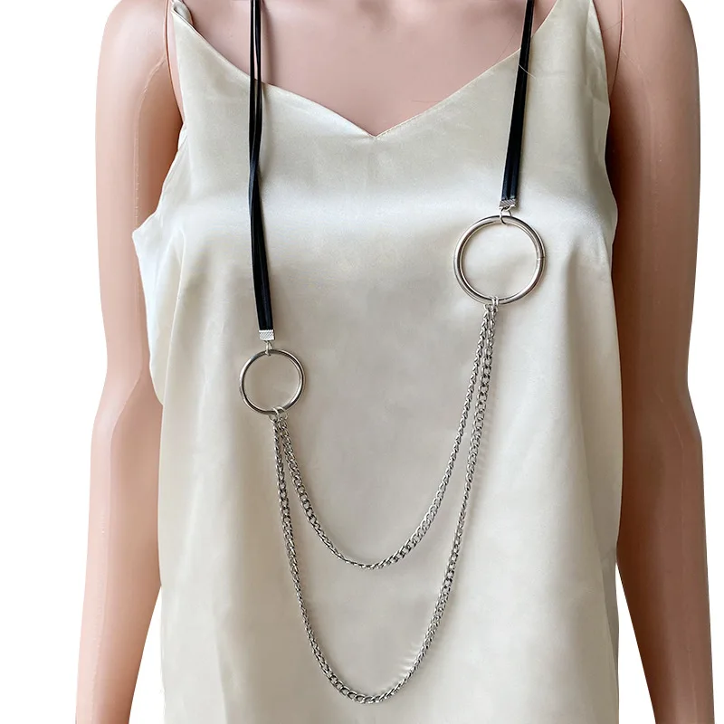 Amorcome Steampunk Link Chain Leather Pendant Necklaces for Women Black Long Necklace Choker Punk Sweater Chain Winter Jewelry