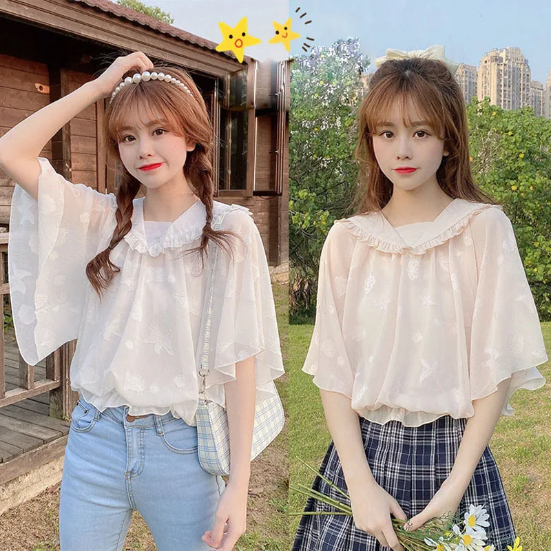 Lolita Fashion Shirt College Student Girl Casual Loose Batwing Sleeve Solid Doll Collar Blouse Chiffon Short Sleeve Tops Summer